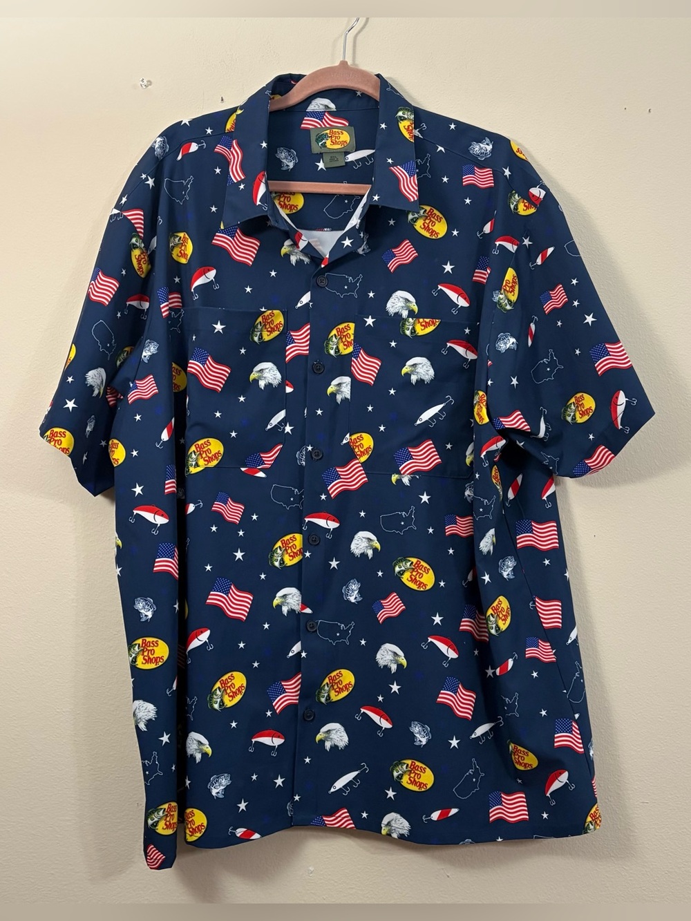 Bass Pro Shops Americana Woven Short Sleeve Button Down Shirt mens 2XL eagle
